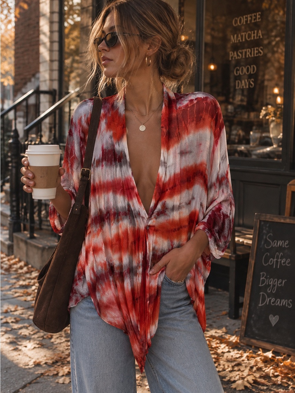 Young Fabulous & Broke Red and White Tie-Dye Button Front Top